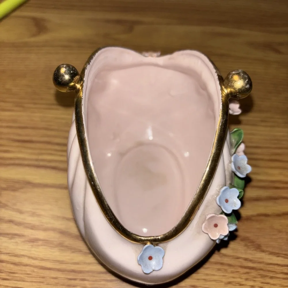 Vintage Lefton Porcelain Purse Shaped Vase  Pink Blue Flowers Gold‎ Accents